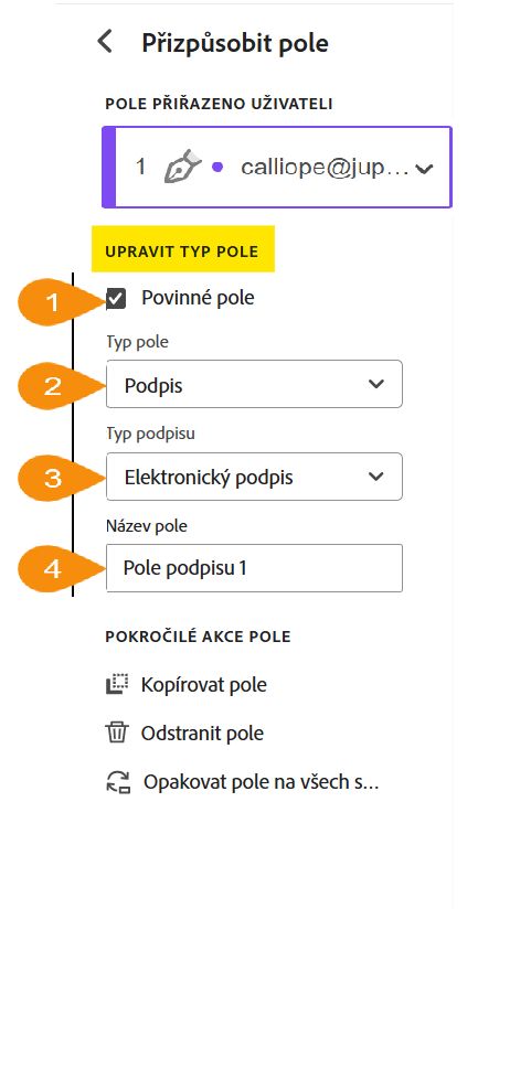 Zobrazení nabídky přizpůsobení pole se zvýrazněnou přizpůsobitelnou částí Typ pole.