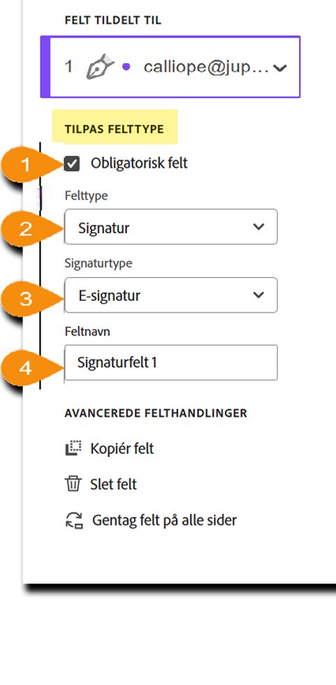 Visning af felttilpasningsmenuen med sektionen Brugerdefineret felttype fremhævet.