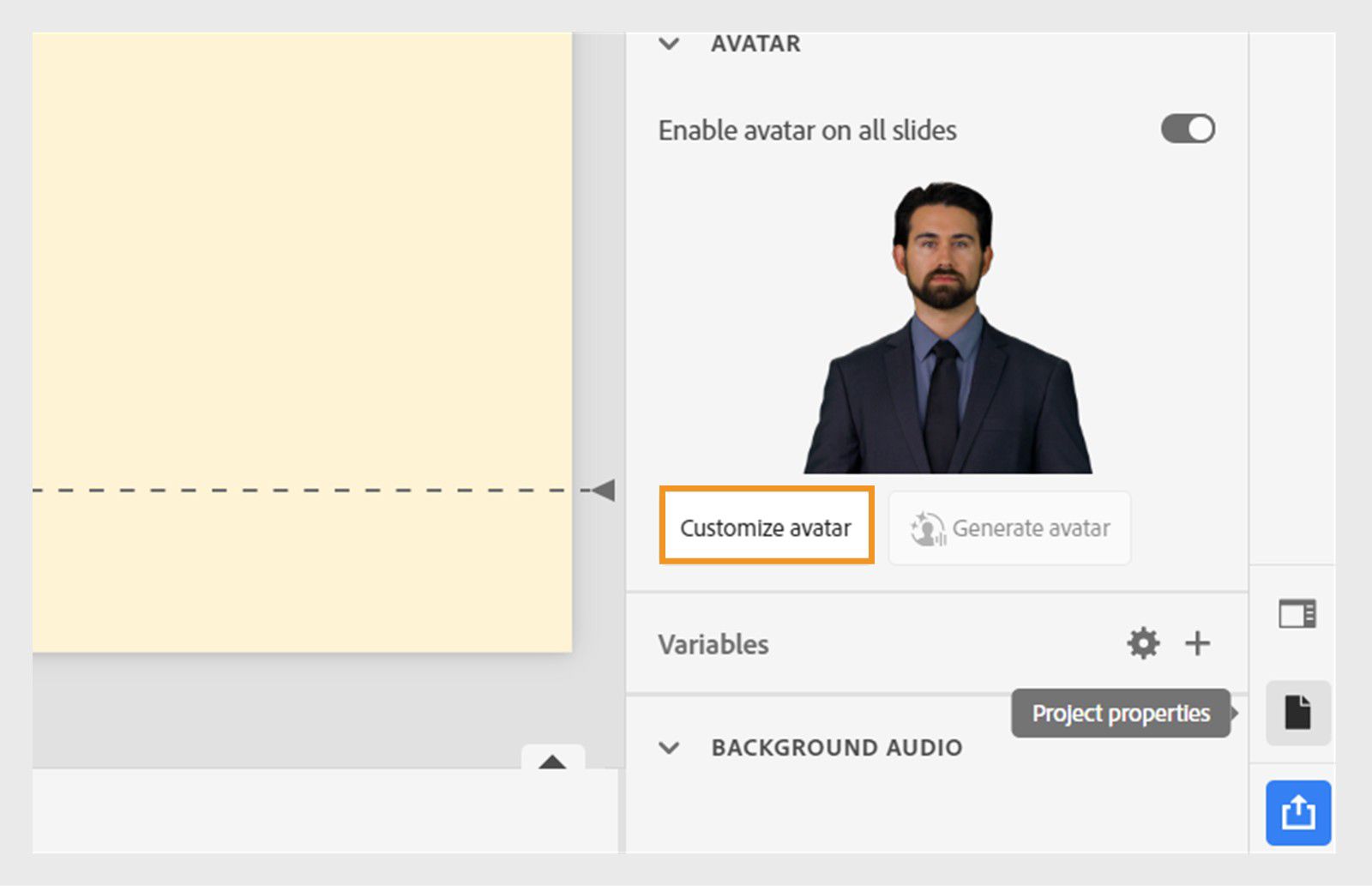 Adobe Captivate interface showing the Project Properties panel with the Customize Avatar option selected.