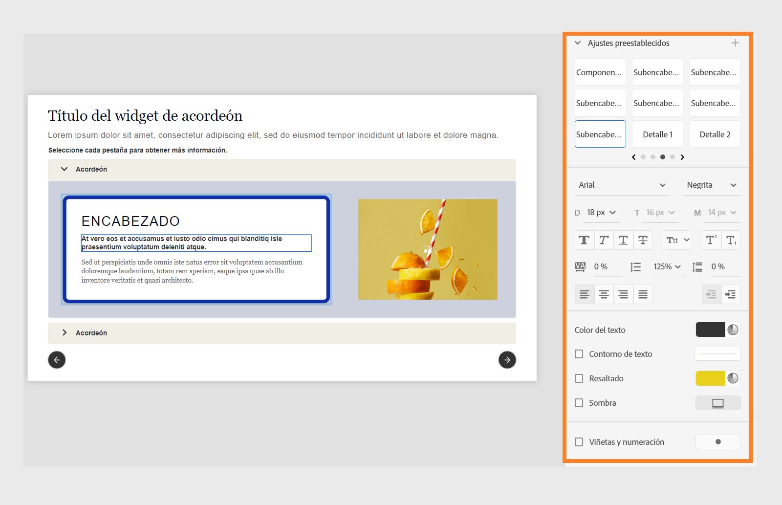 Personalizar texto dentro de una ficha del acordeón