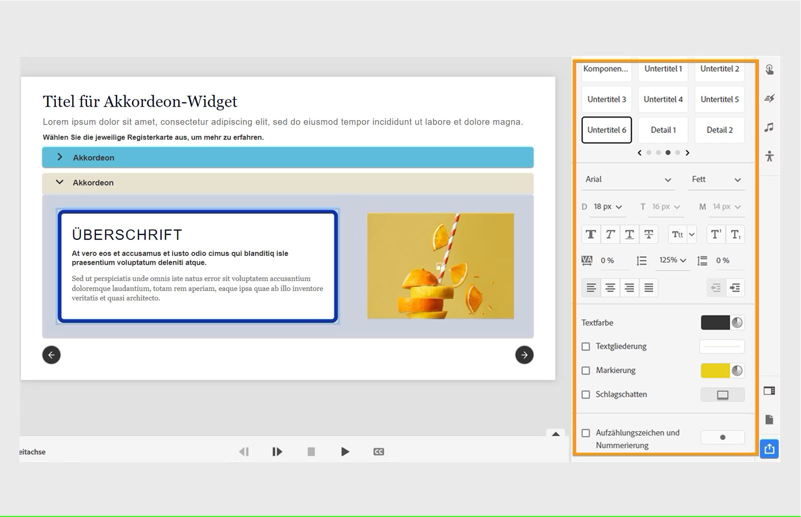 Anpassen von Text in einer Akkordeon-Registerkarte