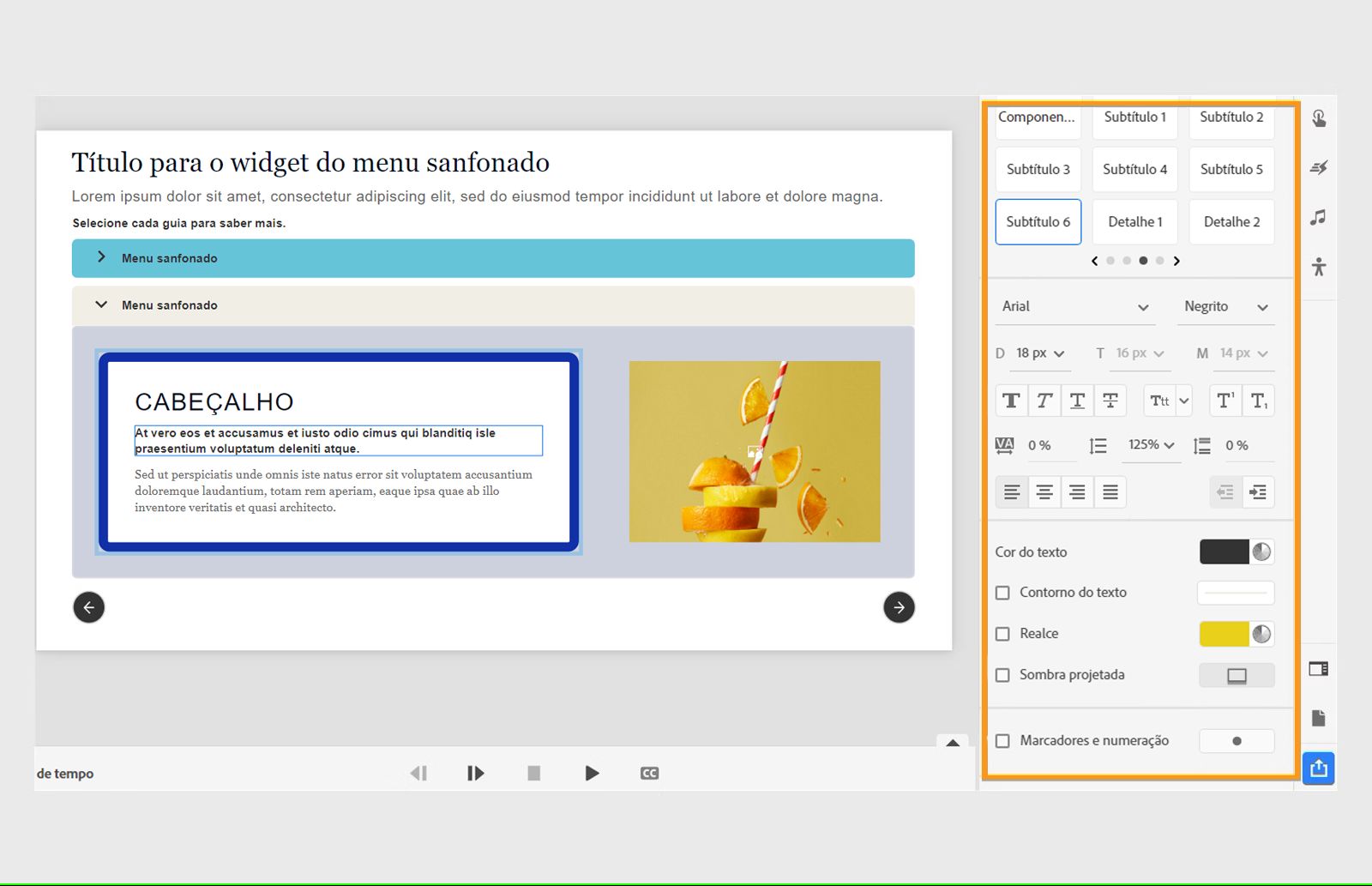 personalizar qualquer texto dentro de uma guia do menu sanfonado