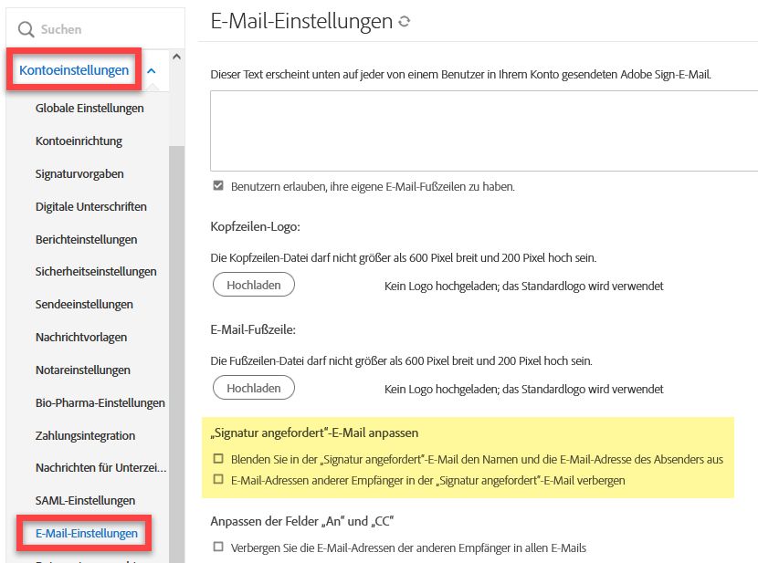 Navigieren Sie zu den „Signatur angefordert-E-Mail anpassen“-Einstellungen