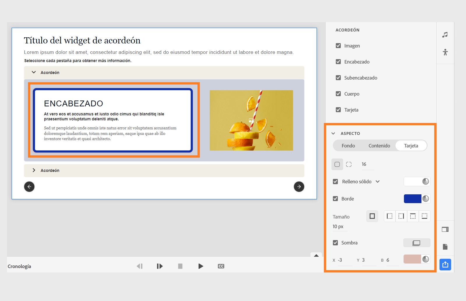Personalizar el aspecto de la tarjeta dentro de una ficha del acordeón