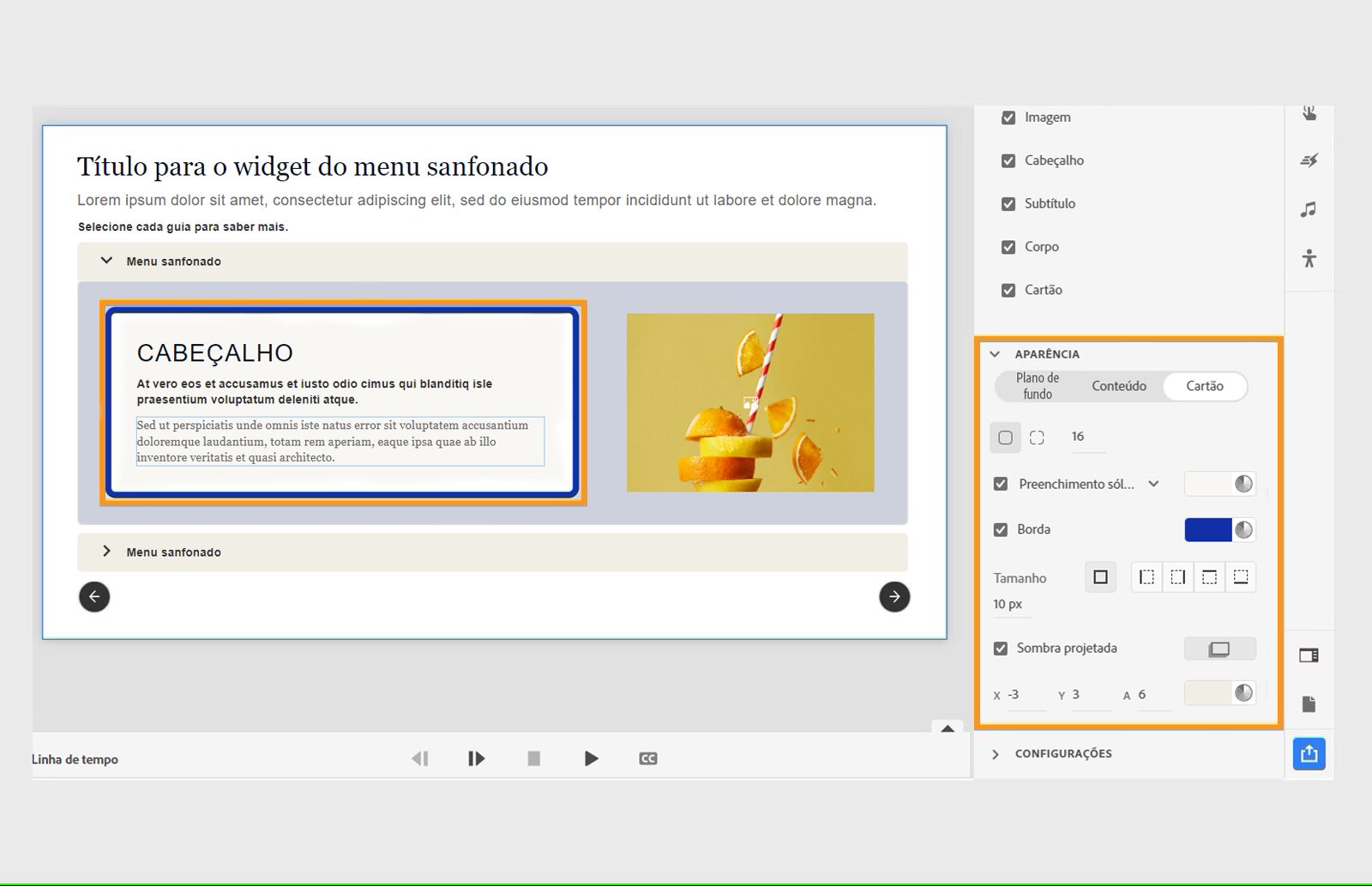Personalizar a aparência do cartão dentro de uma guia do menu sanfonado
