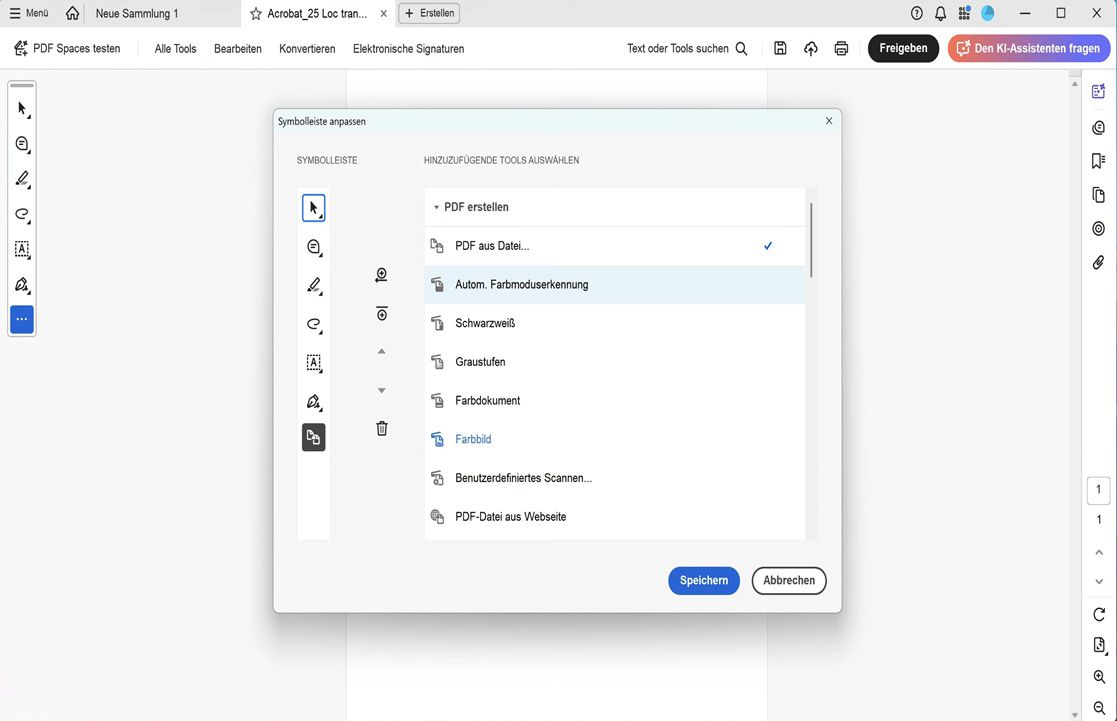 Das Dialogfeld „Symbolleiste anpassen&quot; in Acrobat zeigt Werkzeugoptionen auf der rechten Seite und das Symbolleisten-Layout auf der linken Seite mit Steuerungselementen zum Hinzufügen, Entfernen und Neuanordnen.