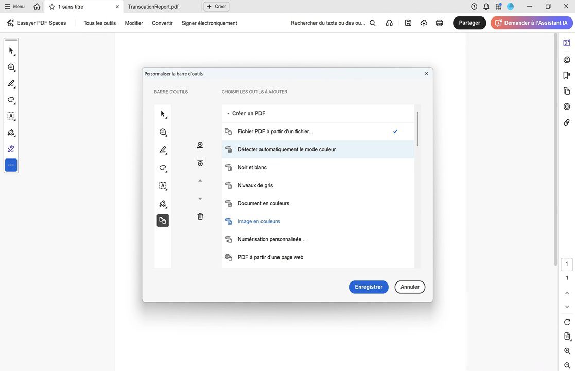Boîte de dialogue Personnaliser la barre d’outils dans Acrobat présentant les options d’outils à droite et la disposition de la barre d’outils à gauche, avec les contrôles Ajouter, Supprimer et Réorganiser.