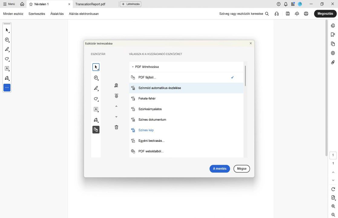 Szabja személyre az Eszköztár párbeszédpanelt az Acrobat alkalmazásban, amely a jobb oldalon az eszközbeállításokat, a bal oldalon pedig az eszköztár elrendezését mutatja a Hozzáadás, Eltávolítás és Átrendezés vezérlőkkel.