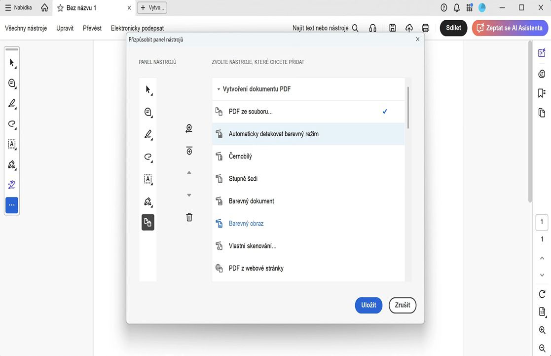 Dialogové okno Přizpůsobit panel nástrojů v aplikaci Acrobat zobrazující možnosti nástrojů vpravo a rozvržení panelu nástrojů vlevo s ovládacími prvky pro přidání, odebrání a změnu pořadí.
