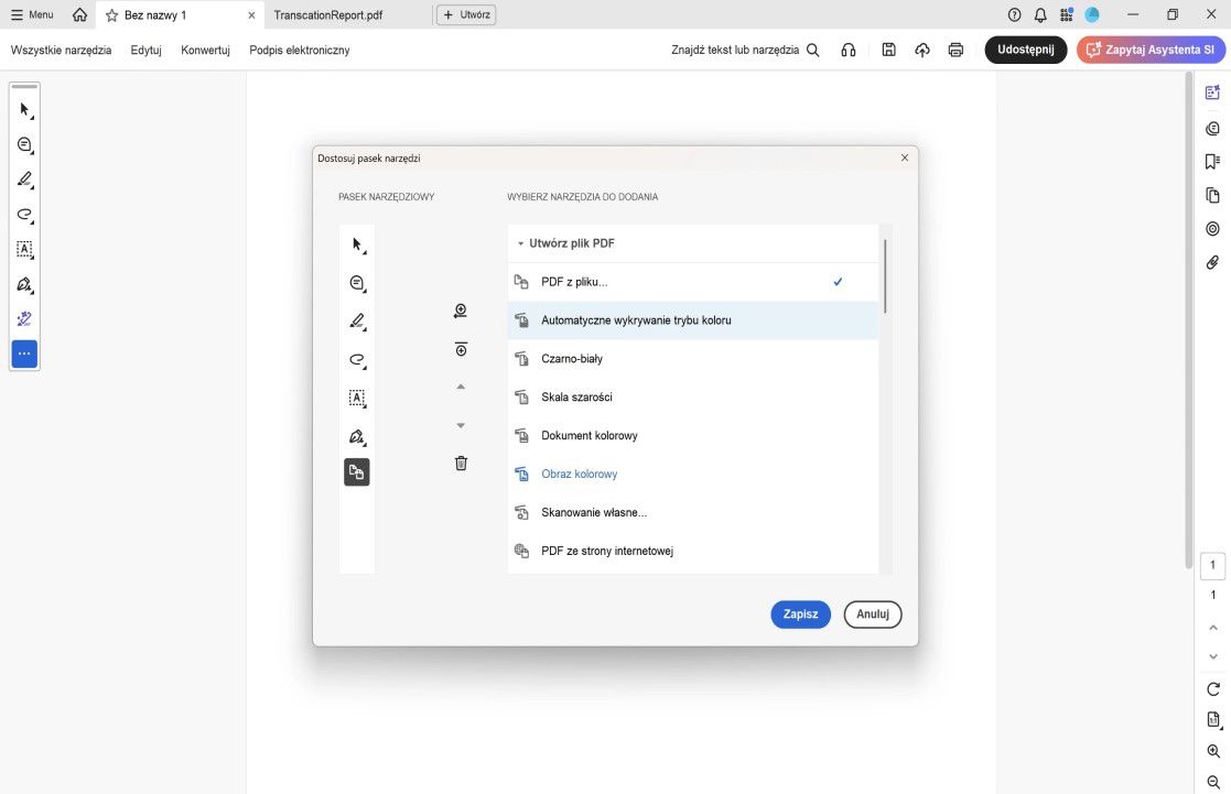 Okno dialogowe Dostosuj pasek narzędzi w programie Acrobat pokazujące opcje narzędzi po prawej stronie i układ paska narzędzi po lewej stronie z elementami sterującymi Dodaj, Usuń i Zmień kolejność.