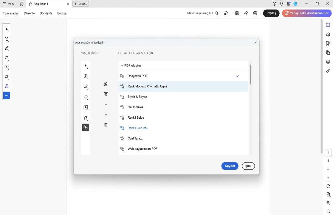 Sağda araç seçeneklerini, solda Ekle, Kaldır ve Yeniden Sırala kontrolleriyle araç çubuğu düzenini gösteren Acrobat'taki Araç Çubuğunu Özelleştir iletişim kutusu.