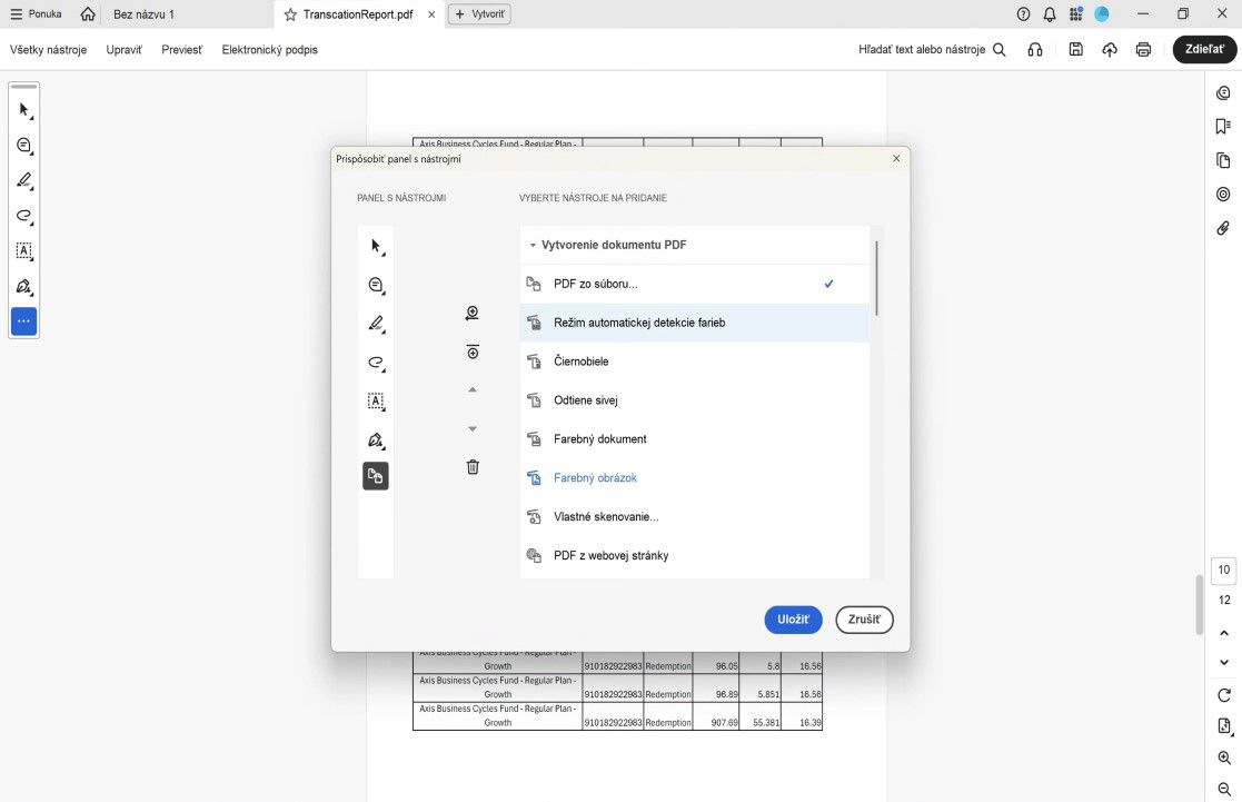 Dialógové okno Prispôsobiť panel s nástrojmi v programe Acrobat zobrazujúce možnosti nástrojov vpravo a rozloženie panela s nástrojmi vľavo s ovládacími prvkami Pridať, Odstrániť a Zmeniť poradie.