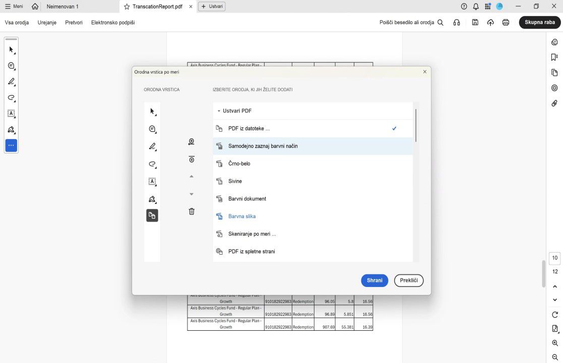 Pogovorno okno Prilagodi orodno vrstico v programu Acrobat prikazuje možnosti orodij na desni in postavitev orodne vrstice na levi s kontrolniki za dodajanje, odstranjevanje in prerazporejanje.