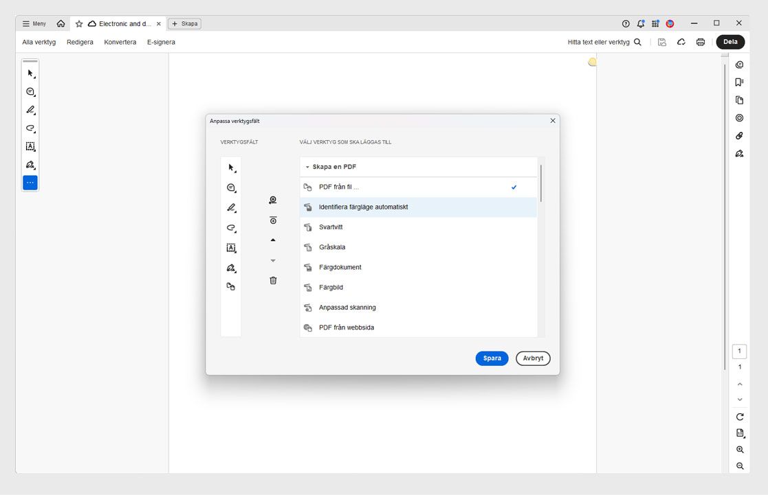 Dialogrutan Anpassa verktygsfält i Acrobat visar verktygsalternativ till höger och verktygsfältets layout till vänster med kontroller för att lägga till, ta bort och ändra ordning.