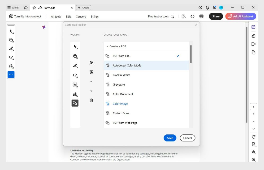 Customize Toolbar dialog sa Acrobat na nagpapakita ng mga opsyon ng tool sa kanan at layout ng toolbar sa kaliwa na may mga kontrol na Add, Remove, at Reorder.