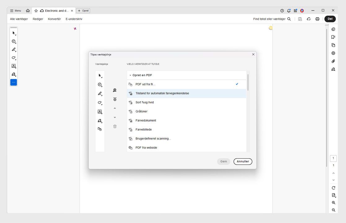Dialogboksen Tilpas værktøjslinje i Acrobat, der viser værktøjsindstillinger til højre og værktøjslinjens layout til venstre med knapper til at tilføje, fjerne og omarrangere.