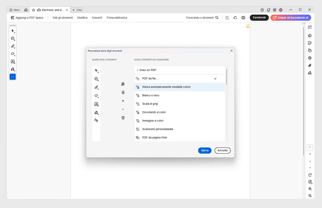 Finestra di dialogo Personalizza barra degli strumenti in Acrobat che mostra le opzioni degli strumenti sulla destra e il layout della barra degli strumenti sulla sinistra con i controlli Aggiungi, Rimuovi e Riordina.