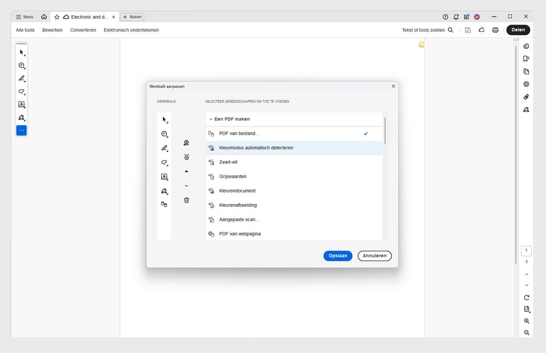 Dialoogvenster Werkbalk aanpassen in Acrobat met tool-opties aan de rechterkant en de indeling van de werkbalk aan de linkerkant met opties voor Toevoegen, Verwijderen en Opnieuw ordenen.