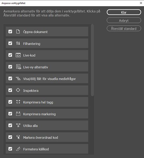 Anpassa verktygsfält