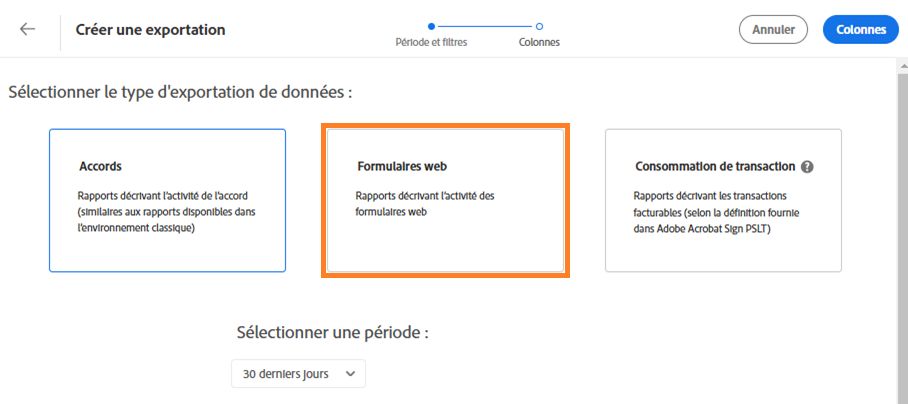 Page d’export des données mettant en surbrillance la section Formulaires web