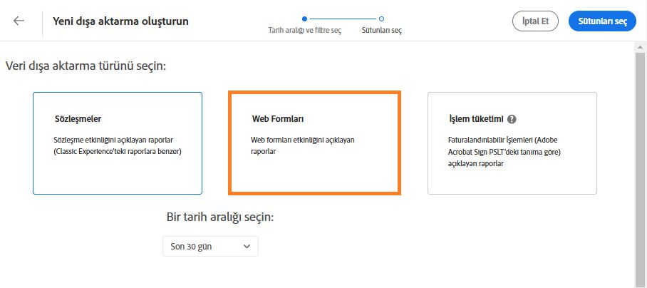 Web Formu kutucuğunu vurgulayan Veri Dışa Aktarma sayfası