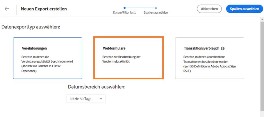 Datenexportseite, auf der die Webformularkachel hervorgehoben ist