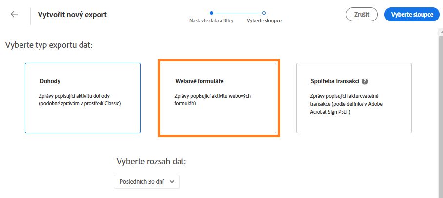 Stránka Export dat zvýrazňující dlaždici webového formuláře