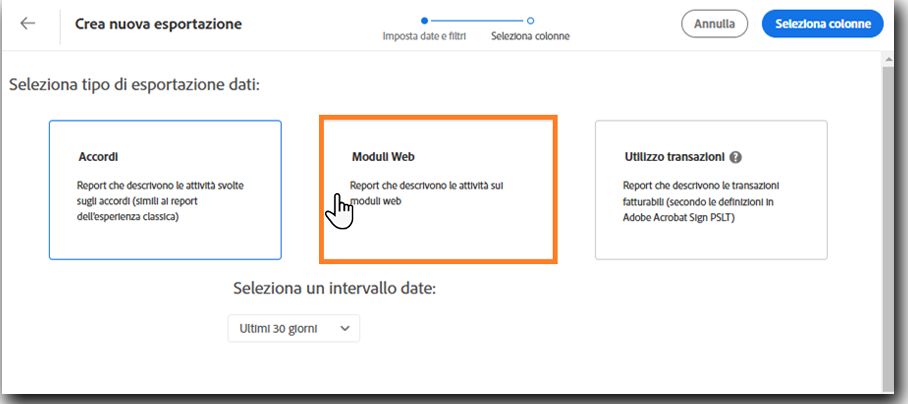 Pagina Esportazione dati in cui è evidenziata la sezione Modulo web