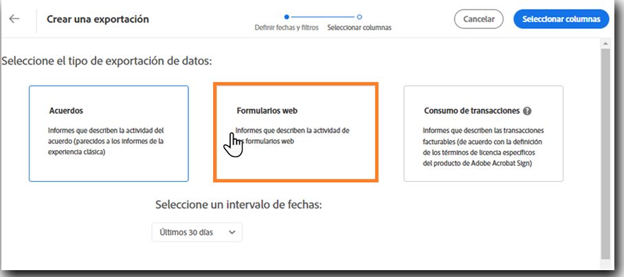 Página Exportación de datos que destaca el mosaico Formulario web