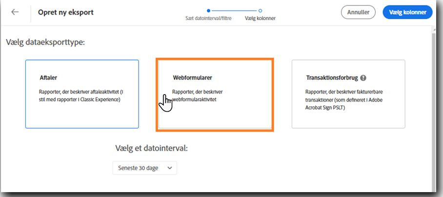 Side til dataeksport, der fremhæver flisen Webformular