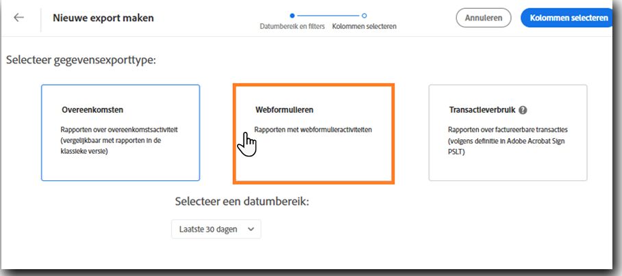 Pagina Gegevens exporteren met de tegel Webformulier gemarkeerd