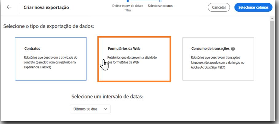 Página de Exportação de dados destacando o bloco Formulário web