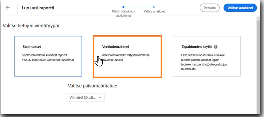 Tietojen vienti -sivu, jossa on korostettuna verkkolomakeruutu