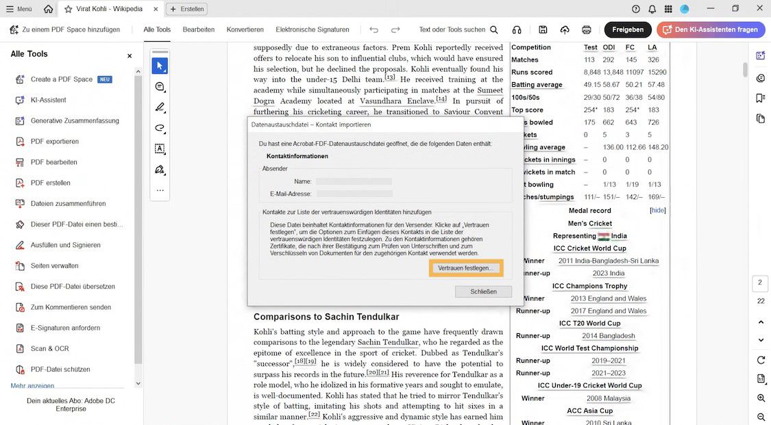 Dialogfeld, das den Anwender auffordert, das Kontaktzertifikat des Absenders mithilfe der Schaltfläche „Vertrauenswürdigen Kontakt festlegen“ zu den vertrauenswürdigen Identitäten hinzuzufügen.