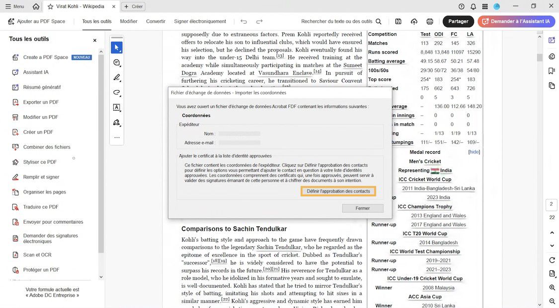 Boîte de dialogue invitant l’utilisateur à ajouter le certificat de contact de l’expéditeur aux identités approuvées en sélectionnant le bouton Définir l’approbation du contact.
