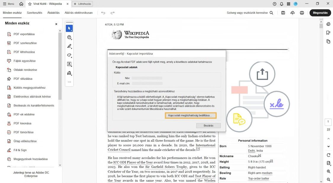 Párbeszédpanel, amely felkéri a felhasználót, hogy adja hozzá a küldő kapcsolati tanúsítványát a megbízható identitásokhoz a Kapcsolat megbízhatóságának beállítása gomb használatával.