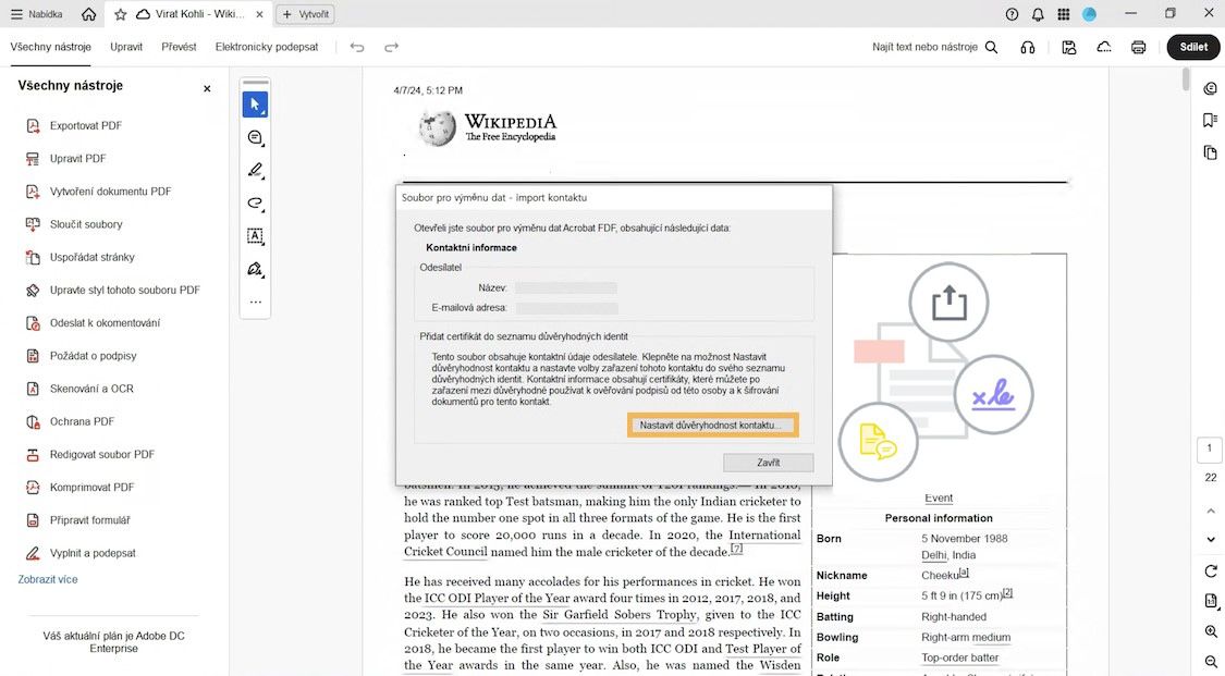 Dialogové okno vyzývající uživatele k přidání kontaktního certifikátu odesílatele do důvěryhodných identit pomocí tlačítka Nastavit důvěryhodnost kontaktu.
