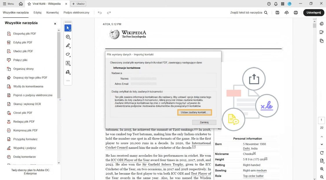 Okno dialogowe z monitem o dodanie certyfikatu kontaktu nadawcy do zaufanych tożsamości za pomocą przycisku Ustaw zaufanie kontaktów.