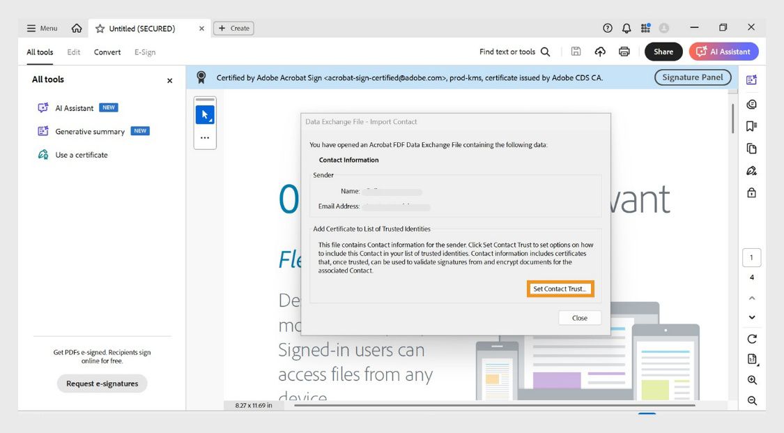 Dialog box na nagpo-prompt sa user na idagdag ang contact certificate ng nagpadala sa mga pinagkakatiwalaang pagkakakilanlan gamit ang Set Contact Trust button.