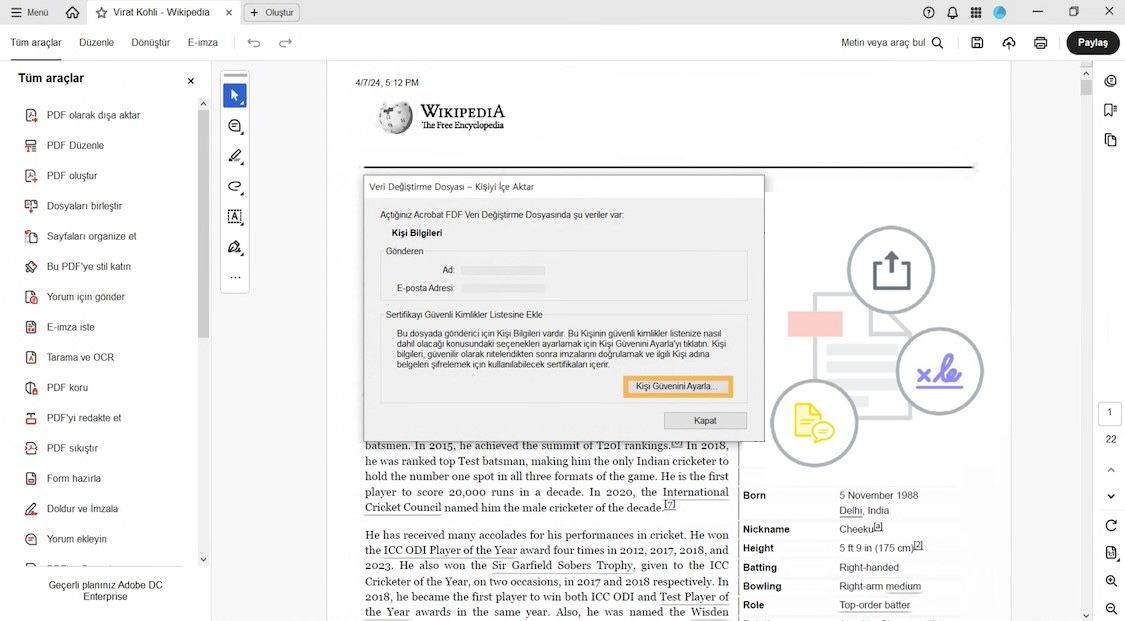 Kullanıcıya, Kişi Güvenini Ayarla düğmesini kullanarak gönderenin kişi sertifikasını güvenilir kimliklere eklemesi için uyarı veren iletişim kutusu.