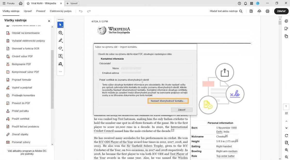 Dialógové okno vyzývajúce používateľa na pridanie kontaktného certifikátu odosielateľa k dôveryhodným identitám pomocou tlačidla Nastaviť dôveryhodnosť kontaktu.