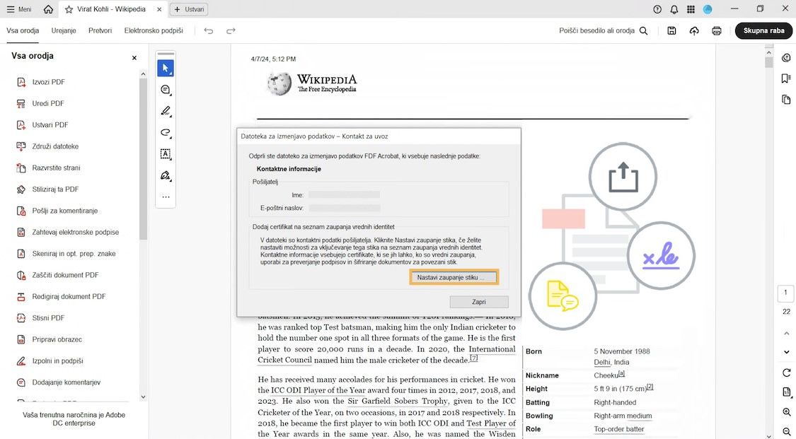Pogovorno okno, ki poziva uporabnika, da doda kontaktno potrdilo pošiljatelja med zaupanja vredne identitete z gumbom Nastavi zaupanje stika.
