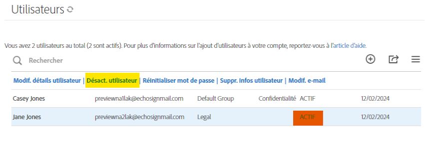 L’onglet Utilisateur affichant un utilisateur actif et les options de l’utilisateur avec l’option Désactiver l’utilisateur mise en évidence.