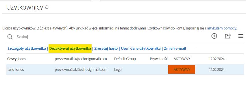 Karta Użytkownik przedstawiająca aktywnego użytkownika i wyświetlająca opcje dla użytkownika z podświetloną opcją Dezaktywuj użytkownika.