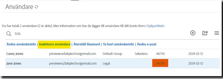 På fliken Användare visas en aktiv användare och användarens alternativ visas med alternativet Inaktivera användare markerat.