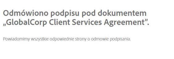 Komunikat o powodzeniu w przypadku odrzucenia umowy.