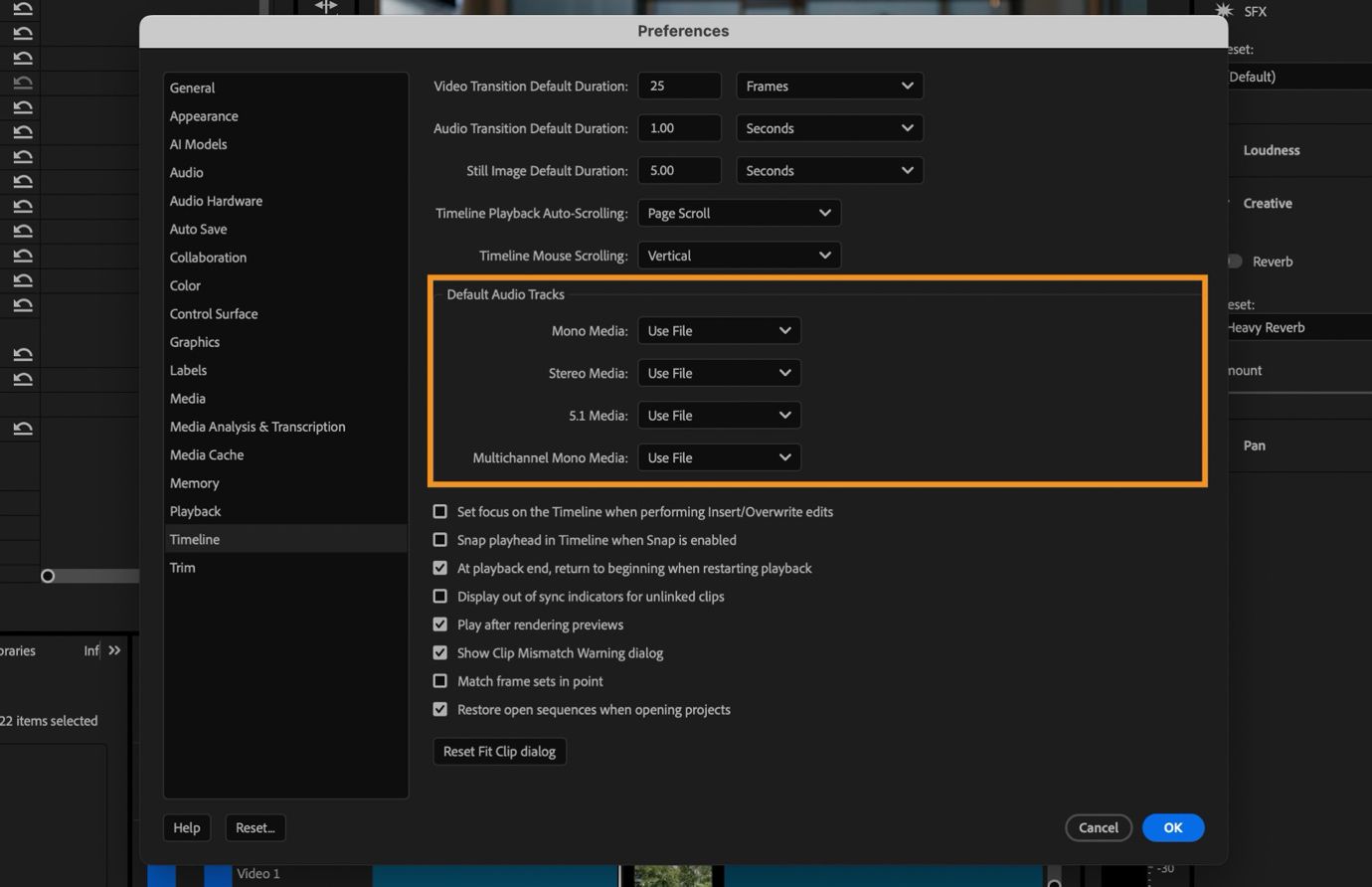 Sezione Default Audio Tracks evidenziata nel pannello timeline della finestra di dialogo Preferenze in Premiere Pro.