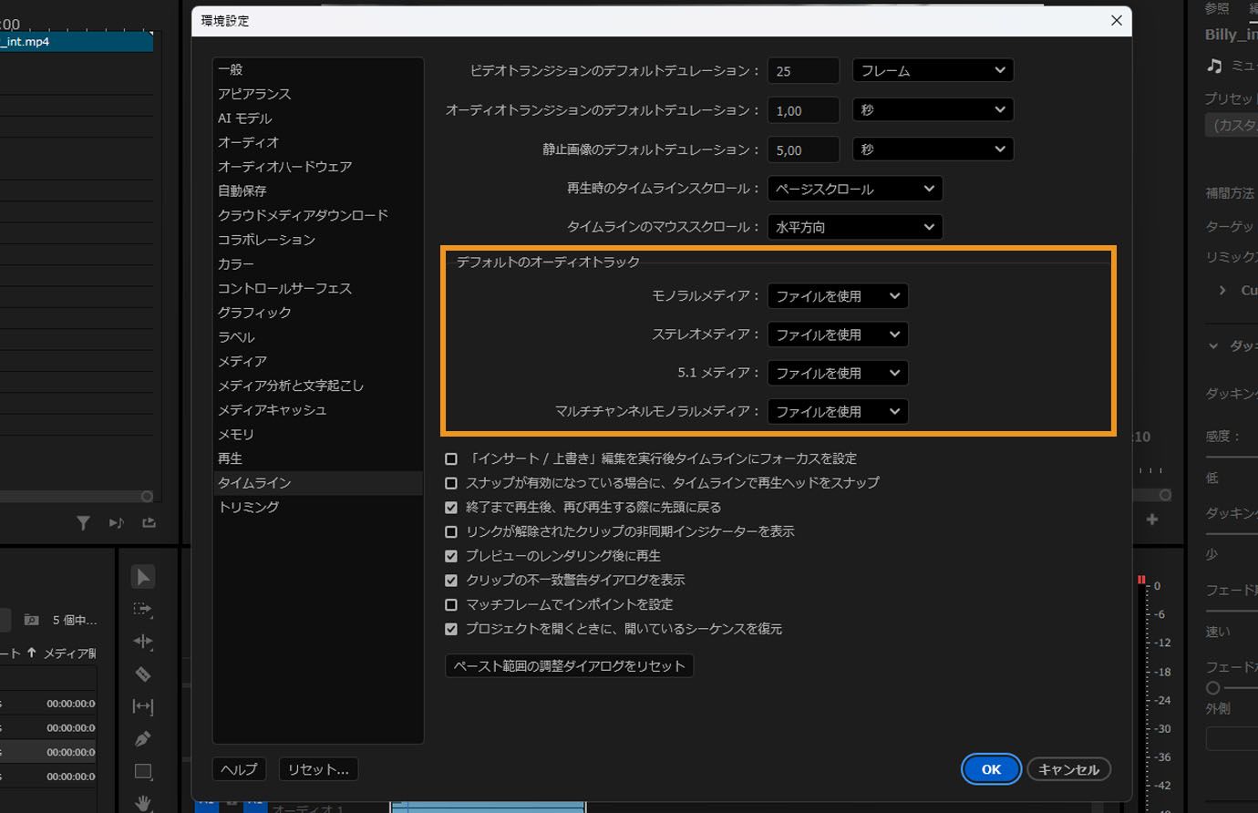 Premiere Pro の環境設定ダイアログのタイムラインパネルで強調表示されているデフォルトオーディオトラックセクション。