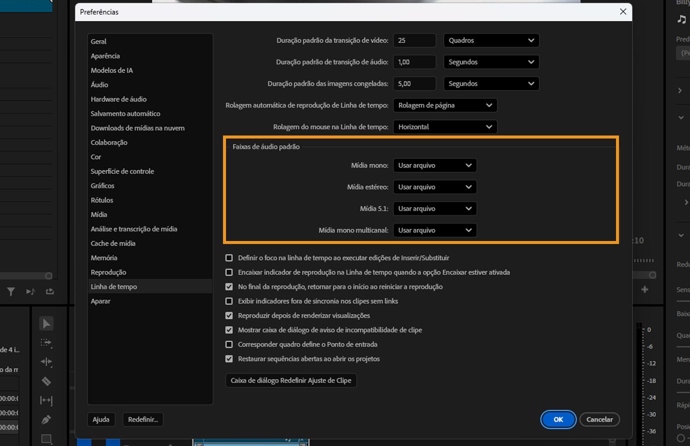Seção “Faixas de áudio padrão” realçada no painel “Linhas do tempo” da caixa de diálogo “Preferências” no Premiere Pro.