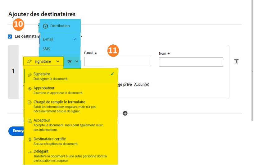 Section Ajouter des destinataires avec toutes les listes déroulantes développées